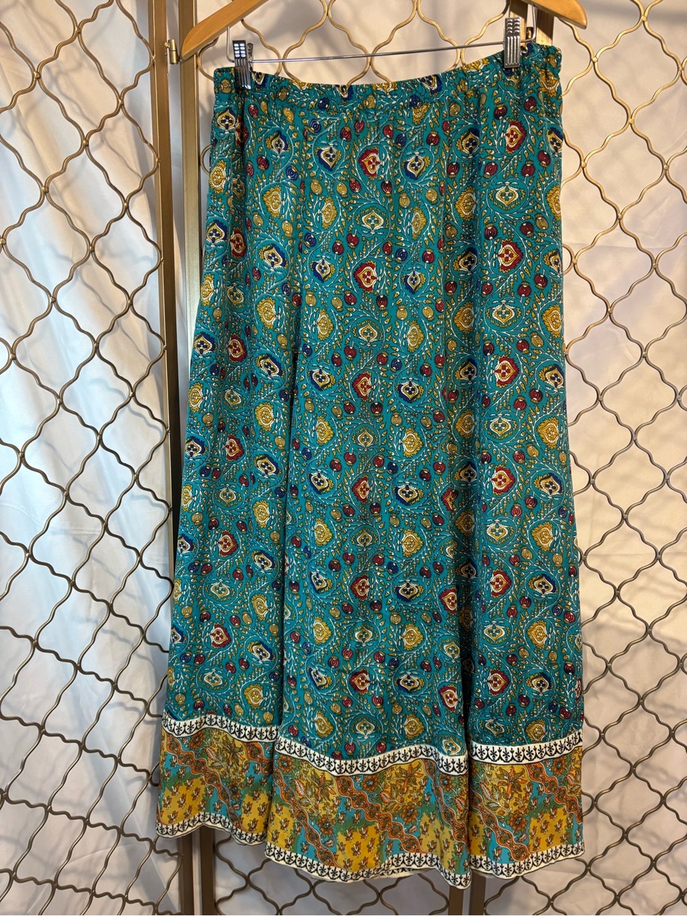 Soft Surroundings Teal Paisley Maxi Skirt with Yellow Border size L Fully Lined